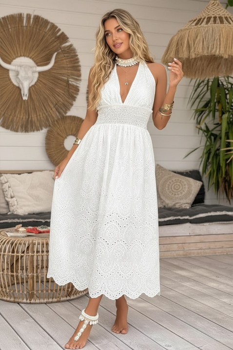 Rochie midi cu spatele decupat și broderie ajurată într-un stil boho MELEKA WHITE, Culoare: alb, IVET.RO - Reduceri de până la -80%