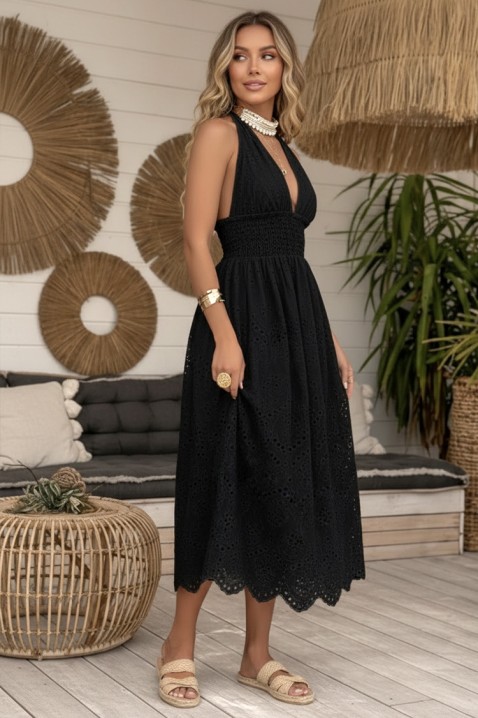 Rochie midi cu spatele decupat și broderie ajurată într-un stil boho MELEKA BLACK, Culoare: negru, IVET.RO - Reduceri de până la -80%