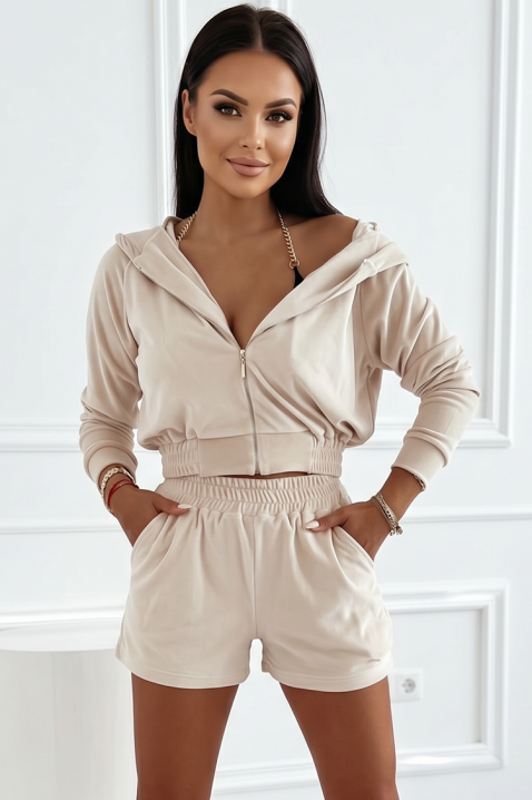 Set sport de damă, format dintr-un hanorac scurt și pantaloni scurți VELURA BEIGE, Culoare: bej, IVET.RO - Reduceri de până la -80%