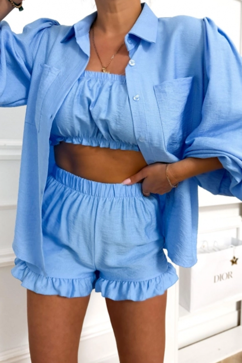 Set modern pentru femei, format din trei piese: cămașă, bustieră și pantaloni scurți JULIANIA BLUE, Culoare: albastru, IVET.RO - Reduceri de până la -80%