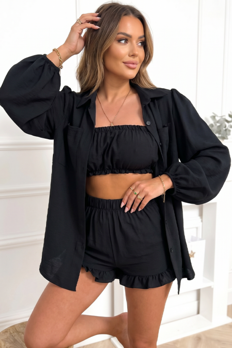 Set modern pentru femei, format din trei piese: cămașă, bustieră și pantaloni scurți JULIANIA BLACK, Culoare: negru, IVET.RO - Reduceri de până la -80%