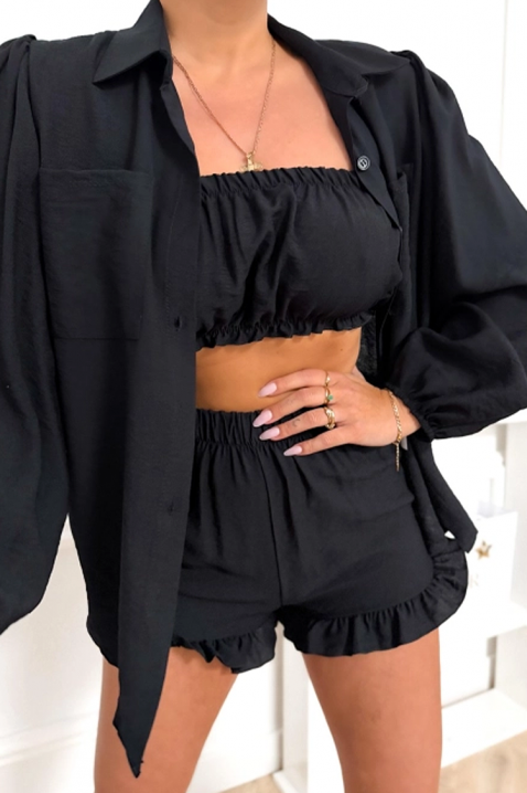 Set modern pentru femei, format din trei piese: cămașă, bustieră și pantaloni scurți JULIANIA BLACK, Culoare: negru, IVET.RO - Reduceri de până la -80%
