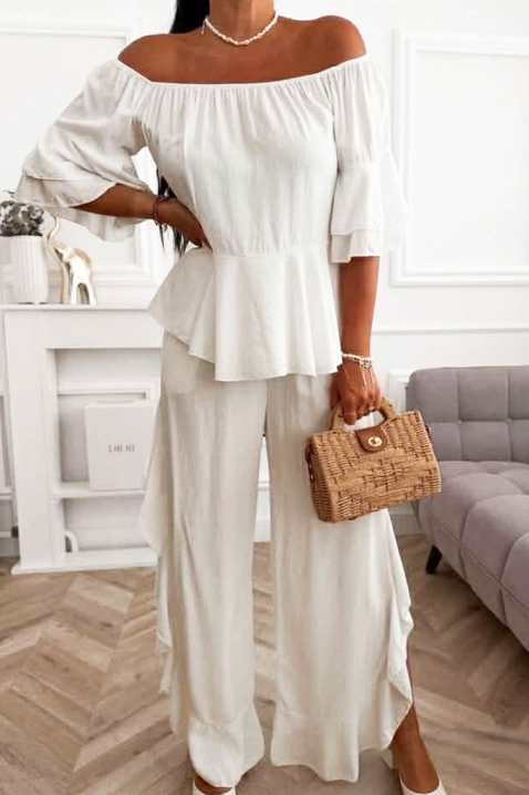 Set damă pentru viata de zi cu zi format dintr-o bluză cu umerii descoperiți și pantaloni largi cu volane VALIRENA WHITE, Culoare: alb, IVET.RO - Reduceri de până la -80%