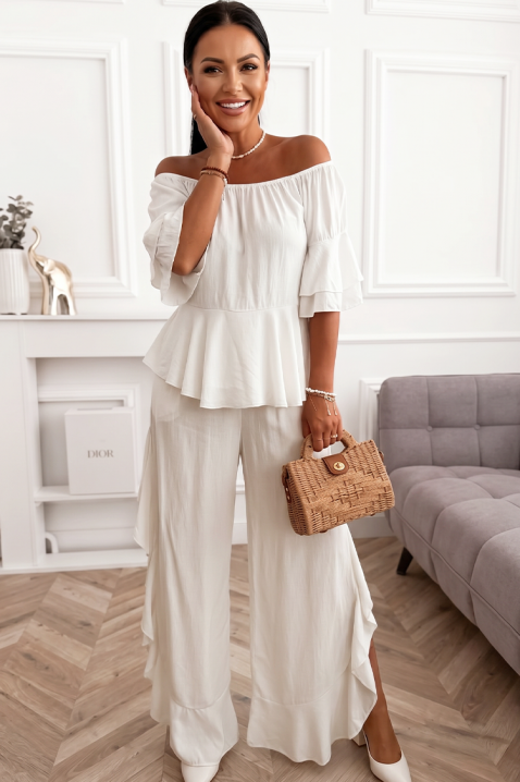 Set damă pentru viata de zi cu zi format dintr-o bluză cu umerii descoperiți și pantaloni largi cu volane VALIRENA WHITE, Culoare: alb, IVET.RO - Reduceri de până la -80%