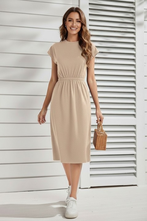 Rochie midi, cu mâneci scurte și talie elastică CALIMBRIA ECRU, Culoare: ecru, IVET.RO - Reduceri de până la -80%