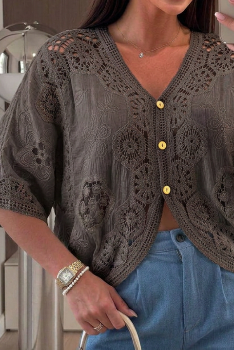 Bluză boho pentru femei, cu dantelă și broderie florală ENPITA BROWN, Culoare: maro, IVET.RO - Reduceri de până la -80%