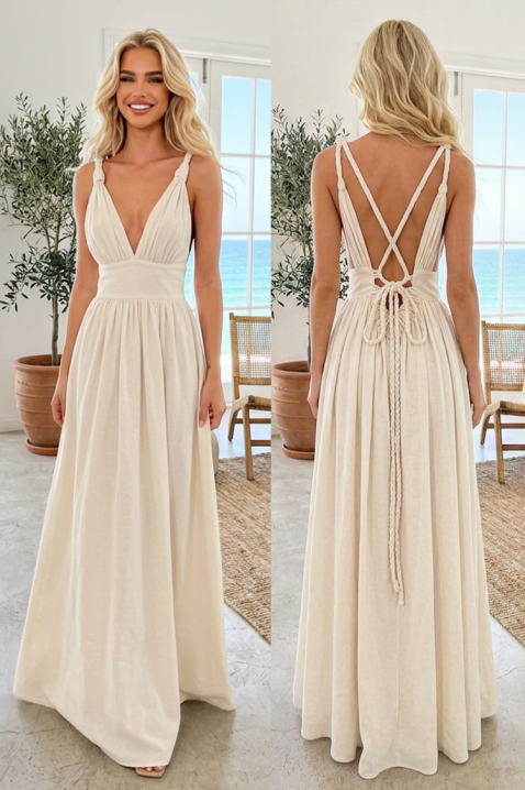 Rochie lungă din bumbac, cu un spate spectaculos, decolteu în formă V și legături decorative CALEMIA, Culoare: ecru, IVET.RO - Reduceri de până la -80%