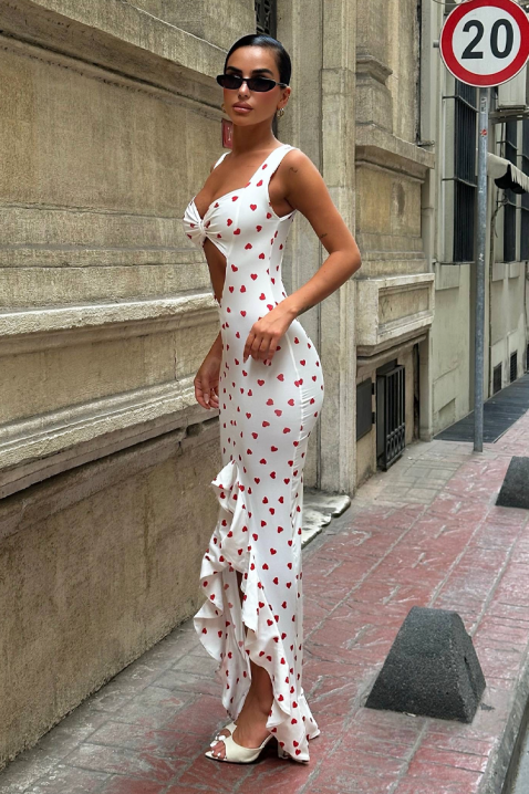 Rochie lungă, mulată, cu volane și detalii decupate, cu inimioare ZANVORA, Culoare: alb, IVET.RO - Reduceri de până la -80%