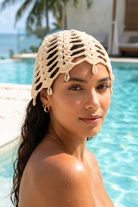 Șapcă boho tricotată, tip plasă, cu scoici decorative SHARPITA BEIGE, Culoare: bej, IVET.RO - Reduceri de până la -80%
