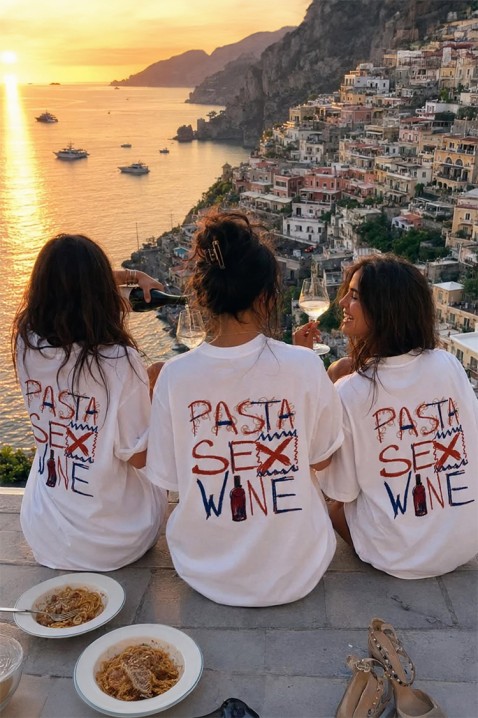 Tricou pentru femei cu croială lejeră și inscripții „pasta sex wine