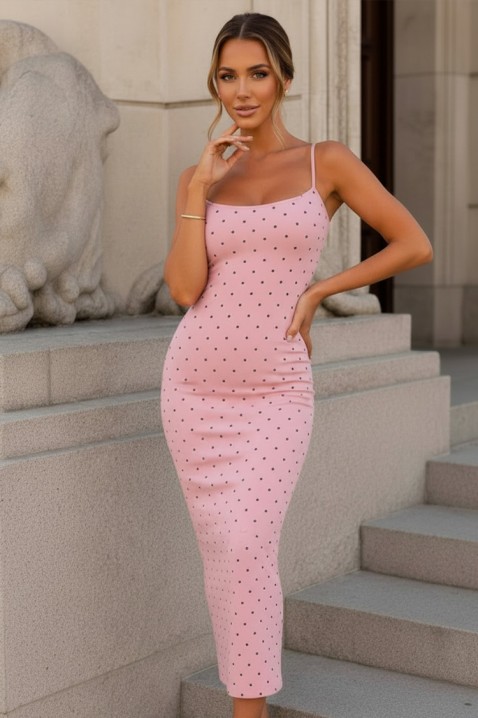 Rochie midi mulată cu buline și bretele subțiri JERONIMA PINK, Culoare: roz, IVET.RO - Reduceri de până la -80%