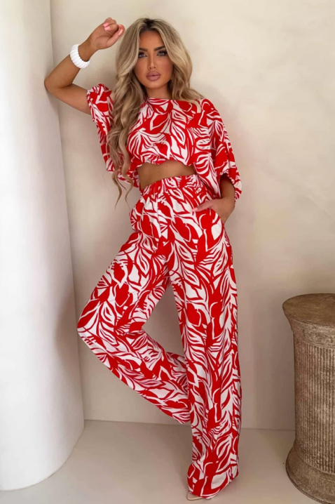 Set pentru femei format din un top scurt și pantaloni largi, cu un motiv floral artistic EMELIANA RED, Culoare: roșu, IVET.RO - Reduceri de până la -80%