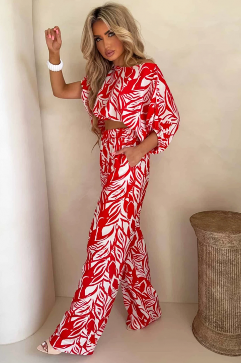 Set pentru femei format din un top scurt și pantaloni largi, cu un motiv floral artistic EMELIANA RED, Culoare: roșu, IVET.RO - Reduceri de până la -80%
