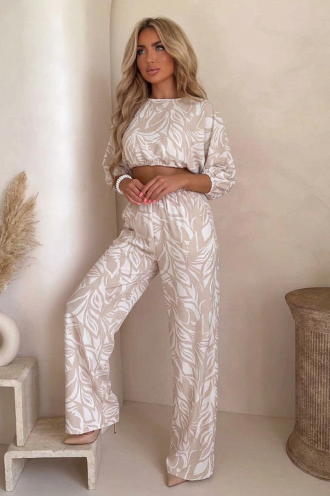 Set pentru femei format din un top scurt și pantaloni largi, cu un motiv floral artistic EMELIANA BEIGE, Culoare: bej, IVET.RO - Reduceri de până la -80%