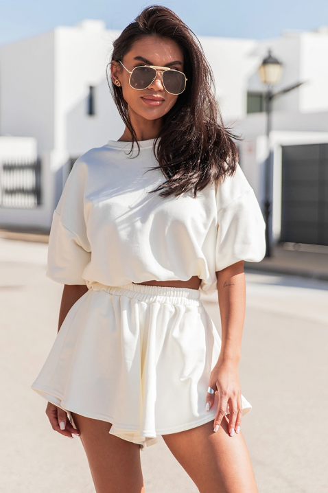 Set pentru femei format dintr-o bluză largă și o fustă-pantalon scurtă, evazată TORIENA WHITE, Culoare: alb, IVET.RO - Reduceri de până la -80%