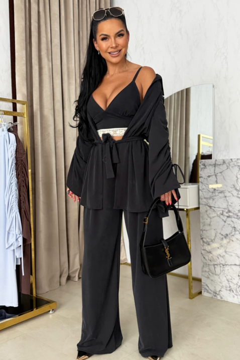 Set pentru femei format din trei piese, cu un top, pantaloni largi și kimono SERENIZA BLACK, Culoare: negru, IVET.RO - Reduceri de până la -80%
