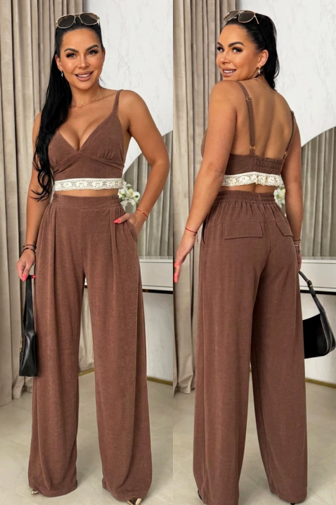 Set pentru femei format din trei piese, cu un top, pantaloni largi și kimono SERENIZA BROWN, Culoare: maro, IVET.RO - Reduceri de până la -80%