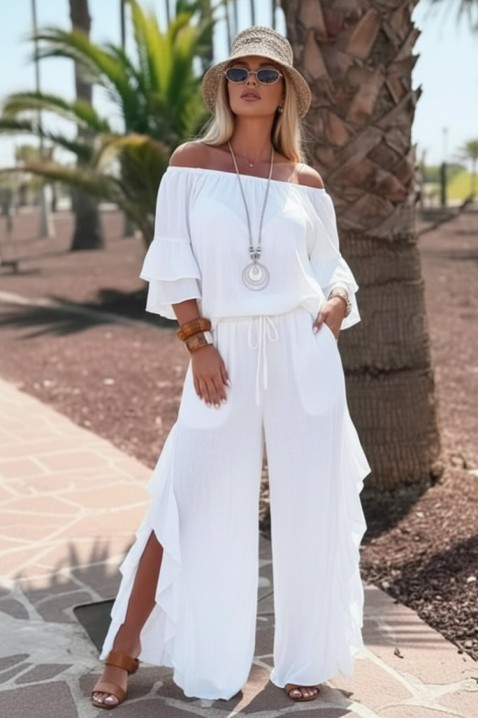 Set damă pentru viata de zi cu zi format dintr-o bluză cu umerii descoperiți și pantaloni largi cu volane VALIRENA WHITE, Culoare: alb, IVET.RO - Reduceri de până la -80%