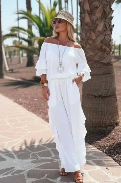 Set damă pentru viata de zi cu zi format dintr-o bluză cu umerii descoperiți și pantaloni largi cu volane VALIRENA WHITE, Culoare: alb, IVET.RO - Reduceri de până la -80%