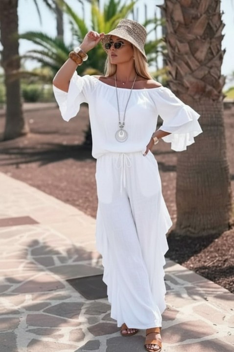 Set damă pentru viata de zi cu zi format dintr-o bluză cu umerii descoperiți și pantaloni largi cu volane VALIRENA WHITE, Culoare: alb, IVET.RO - Reduceri de până la -80%