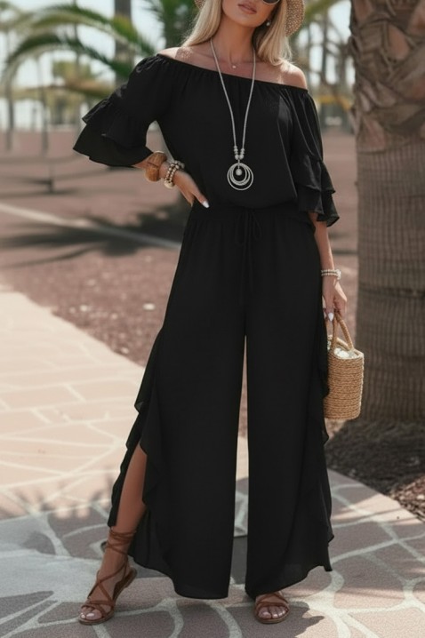 Set damă pentru viata de zi cu zi format dintr-o bluză cu umerii descoperiți și pantaloni largi cu volane VALIRENA BLACK, Culoare: negru, IVET.RO - Reduceri de până la -80%