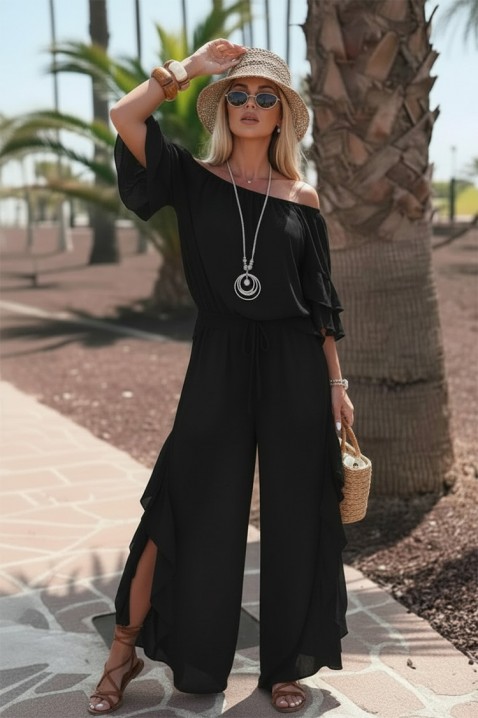 Set damă pentru viata de zi cu zi format dintr-o bluză cu umerii descoperiți și pantaloni largi cu volane VALIRENA BLACK, Culoare: negru, IVET.RO - Reduceri de până la -80%