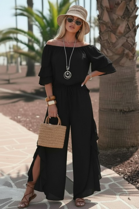 Set damă pentru viata de zi cu zi format dintr-o bluză cu umerii descoperiți și pantaloni largi cu volane VALIRENA BLACK, Culoare: negru, IVET.RO - Reduceri de până la -80%