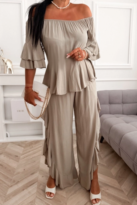 Set damă pentru viata de zi cu zi format dintr-o bluză cu umerii descoperiți și pantaloni largi cu volane VALIRENA BEIGE, Culoare: bej, IVET.RO - Reduceri de până la -80%