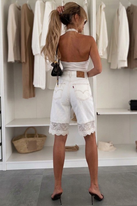 Pantaloni scurți de blugi pentru femei, până la genunchi, cu talie înaltă și finisaj din dantelă EVALESA WHITE, Culoare: alb, IVET.RO - Reduceri de până la -80%
