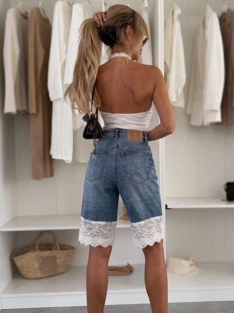 Pantaloni scurți de blugi pentru femei, până la genunchi, cu talie înaltă și finisaj din dantelă EVALESA BLUE, Culoare: denim, IVET.RO - Reduceri de până la -80%