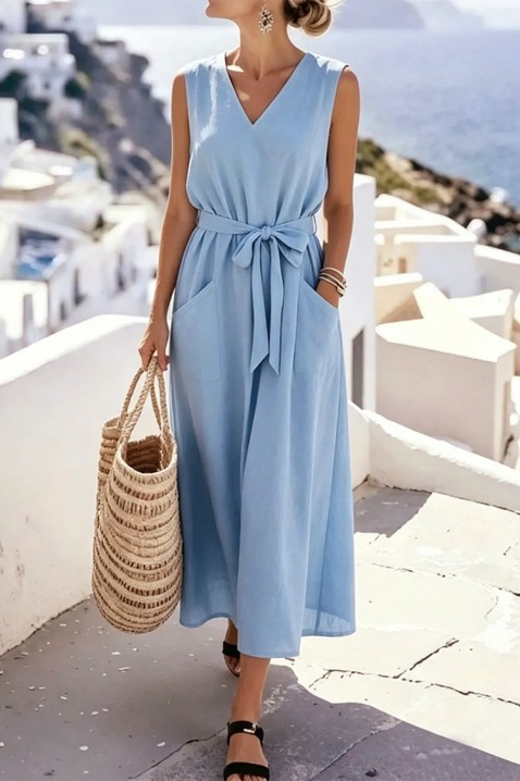 Rochie midi delicată, cu curea textilă și buzunare decorative JASMINIA SKY, Culoare: azur, IVET.RO - Reduceri de până la -80%