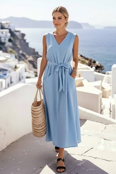 Rochie midi delicată, cu curea textilă și buzunare decorative JASMINIA SKY, Culoare: azur, IVET.RO - Reduceri de până la -80%
