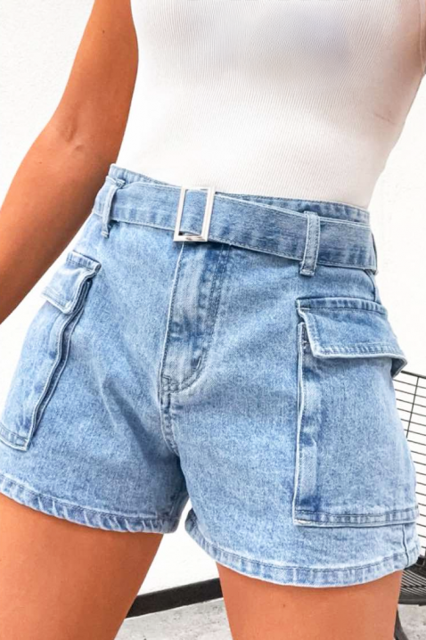 Pantaloni scurți din denim pentru femei, cu curea decorativă și buzunare cargo KALEDIANA, Culoare: denim, IVET.RO - Reduceri de până la -80%