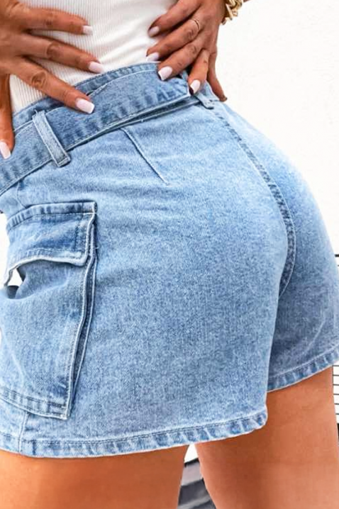 Pantaloni scurți din denim pentru femei, cu curea decorativă și buzunare cargo KALEDIANA, Culoare: denim, IVET.RO - Reduceri de până la -80%