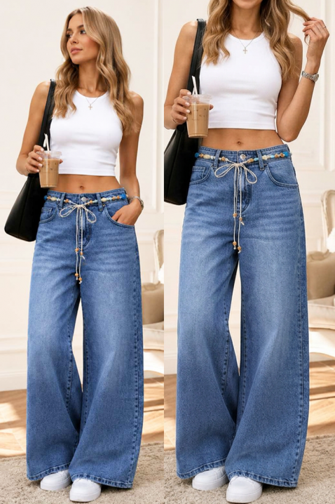 Blugi de damă largi cu curea decorativă împletită LEONIRDA, Culoare: denim, IVET.RO - Reduceri de până la -80%