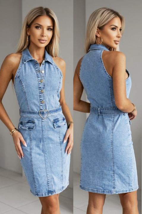 Rochie scurtă din denim, cu guler și curea accent cu cataramă SABRINIA, Culoare: denim, IVET.RO - Reduceri de până la -80%