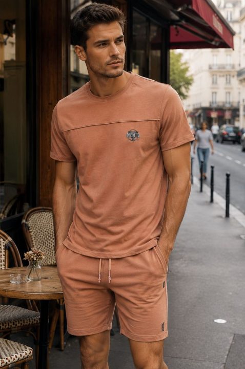 Set pentru bărbați format din tricou cu imprimeu și pantaloni scurți JERARDO CAMEL, Culoare: maro, IVET.RO - Reduceri de până la -80%