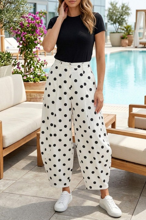Pantaloni largi pentru femei, cu imprimeu spectaculos cu buline GRESIELITA WHITE, Culoare: alb, IVET.RO - Reduceri de până la -80%