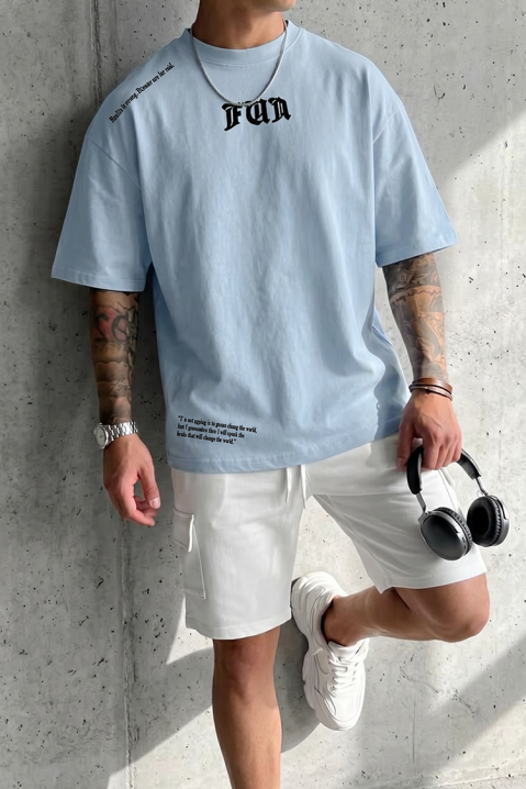 Tricou pentru bărbați cu inscripții decorative și croială lejeră MORTIK SKY, Culoare: albastru deschis, IVET.RO - Reduceri de până la -80%