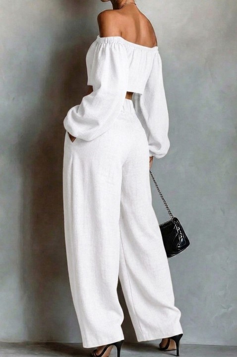 Set de damă din in format dintr-un top cu umeri căzuți și pantaloni largi JEZABEL WHITE, Culoare: alb, IVET.RO - Reduceri de până la -80%