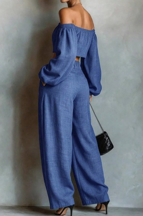 Set de damă din in format dintr-un top cu umeri căzuți și pantaloni largi JEZABEL BLUE, Culoare: albastru, IVET.RO - Reduceri de până la -80%