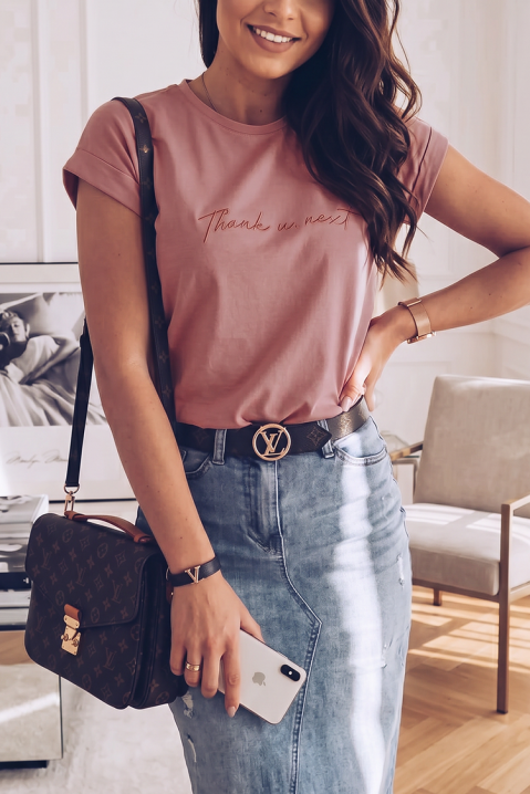 Tricou de damă casual cu inscripție decorativă și croială lejeră RUBIMNZA PUDRA, Culoare: pudră, IVET.RO - Reduceri de până la -80%