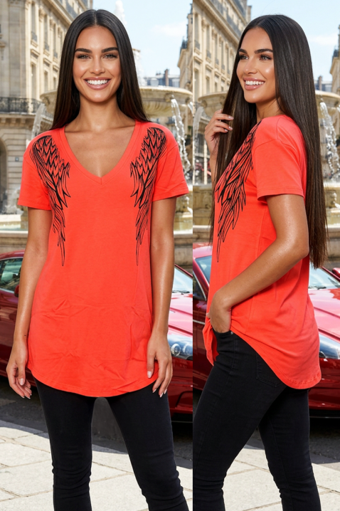 Tricou V modern în coral cu design contrastant LORALYN, Culoare: coral, IVET.RO - Reduceri de până la -80%