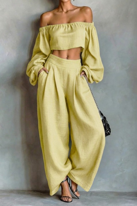 Set de damă din in format dintr-un top cu umeri căzuți și pantaloni largi JEZABEL YELLOW, Culoare: galben, IVET.RO - Reduceri de până la -80%