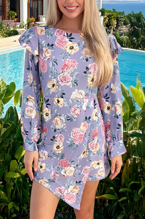 Rochie scurtă cu floral print, tiv asimetric și mâneci cu volane TARIATA, Culoare: lila, IVET.RO - Reduceri de până la -80%