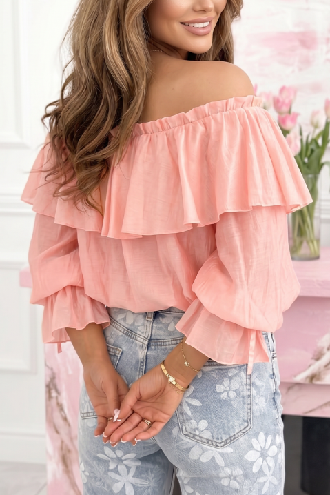 Bluză romantică pentru femei cu umeri căzuți și volane MARBELIA PINK, Culoare: roz, IVET.RO - Reduceri de până la -80%