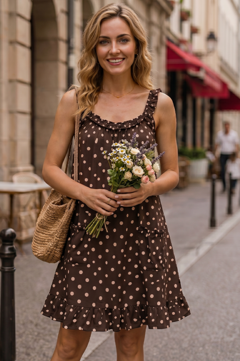 Rochie scurtă cu buline, bretele late și buzunare decorative POLINANA BROWN, Culoare: maro, IVET.RO - Reduceri de până la -80%