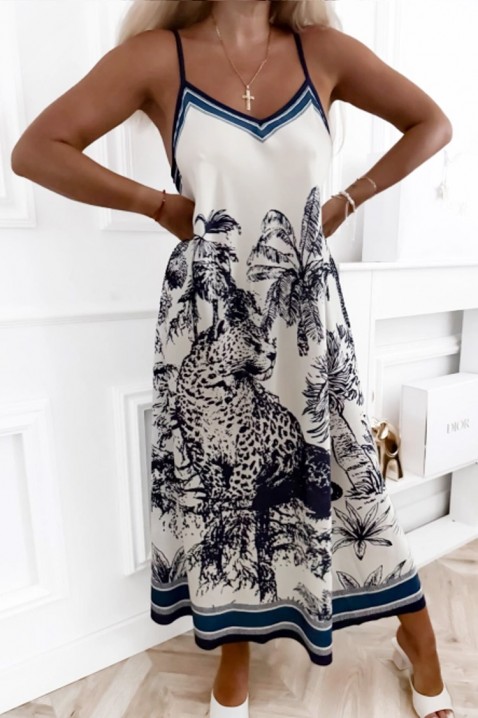 Rochie midi de vară , cu bretele subțiri și imprimeu tropical ATROPINA NAVY, Culoare: albastru, IVET.RO - Reduceri de până la -80%