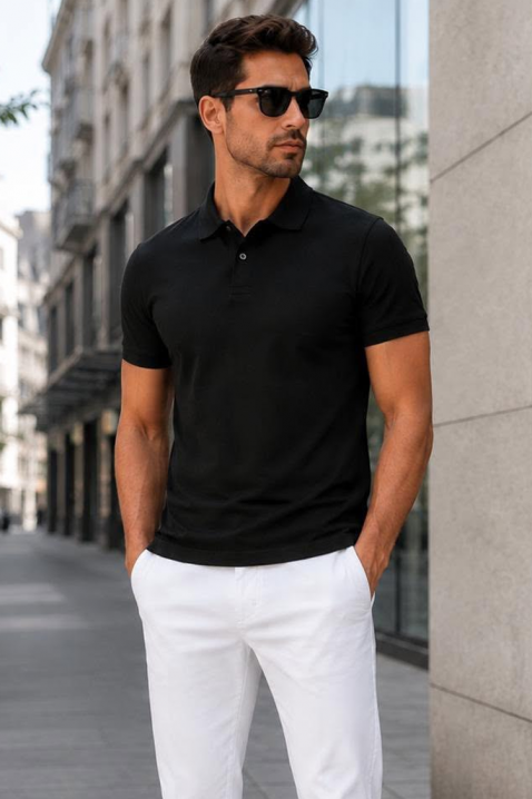 Tricou pentru bărbați cu guler, mâneci scurte și nasturi MARCELO BLACK, Culoare: negru, IVET.RO - Reduceri de până la -80%