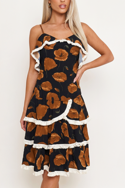 Rochie scurtă cu floral print, volane și bandă decorativă TERENISA BROWN, Culoare: multicolor, IVET.RO - Reduceri de până la -80%